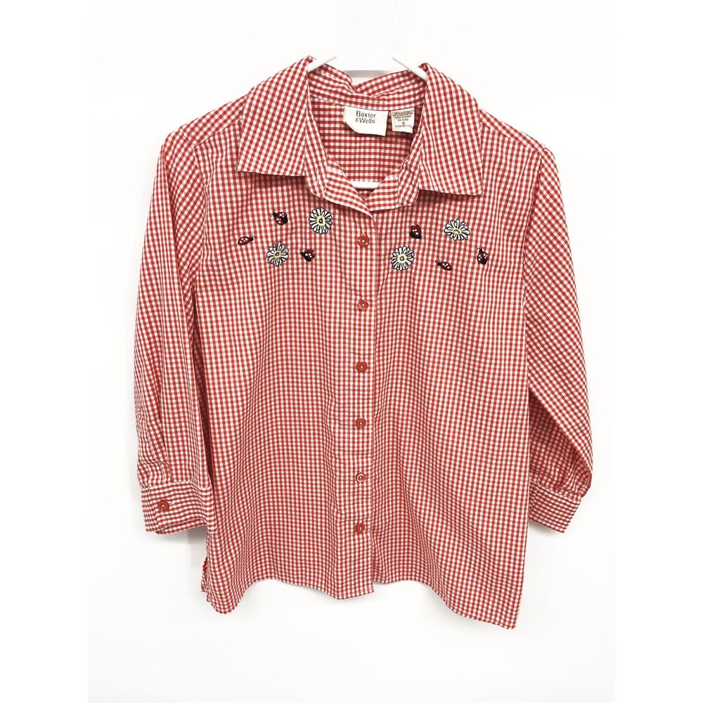 Baxter & Wells Red White Plaid Check Shirt Embroidered Lady Bugs Butterflies S